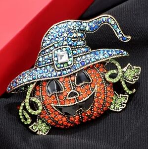 Pumpkin Witch Brooch Glass Rhinestones Halloween Party Costume Jewelry Pin NEW